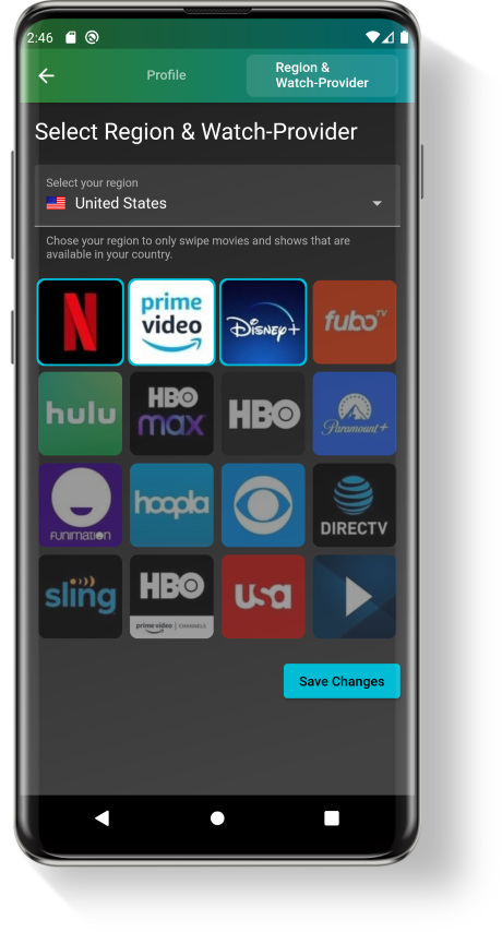 Screenshot: Region & Watch Provider Selection